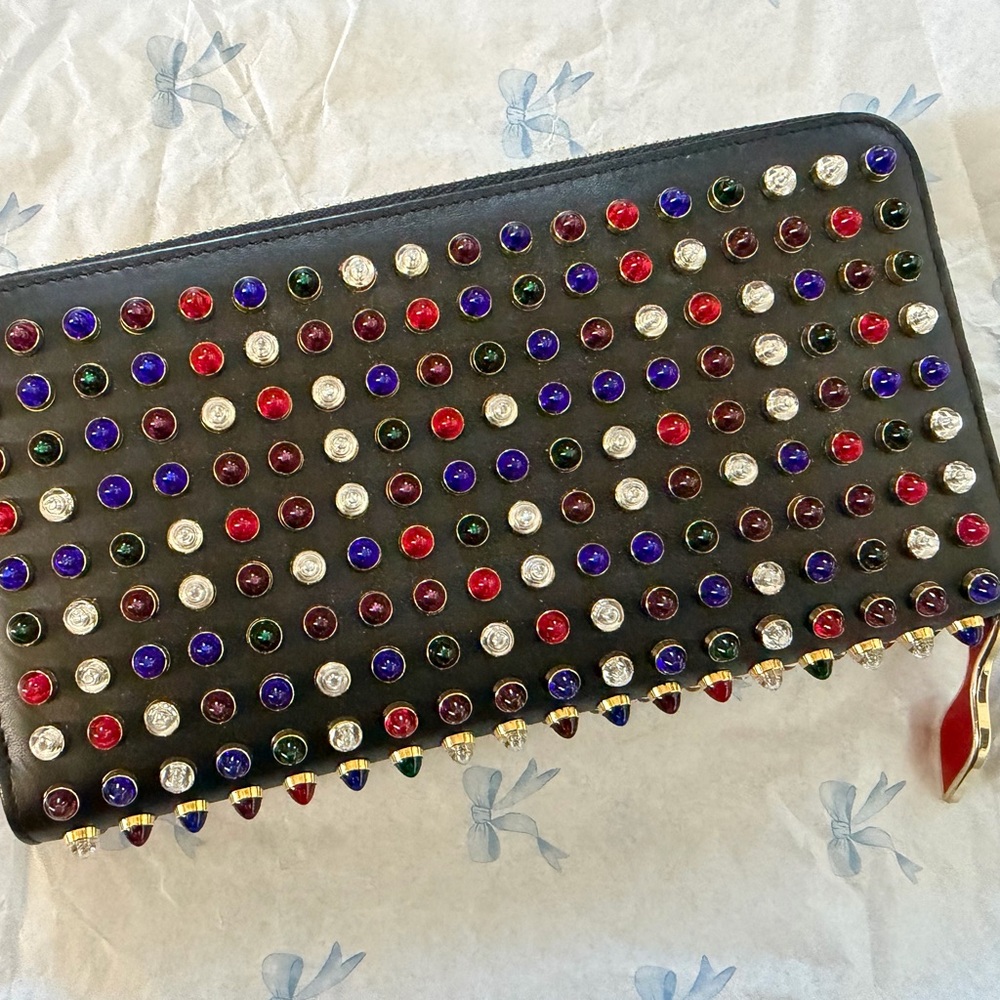 Christian Louboutin Black Studded Zip Wallet with Multicolor Gem Studs
